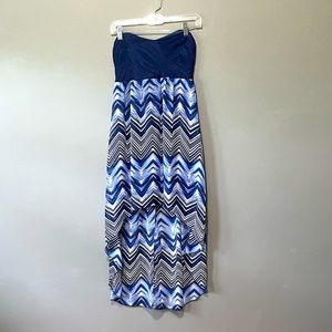 Short front long back blue strapless dress